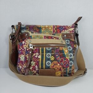 Vintage Fossil Floral Canvas And Leather Handbag Cross Shoulder Boho Style Bag